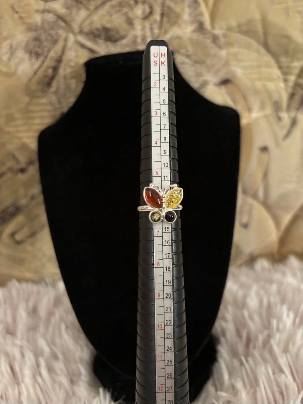925 Sterling Silver Vintage Multi-Amber Butterfly Ring - Size 6